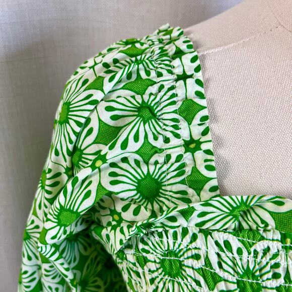 Elizabeth Wilson 100% Cotton Green White Smocked Ruched Floral Maxi Dress Small - Picture 3 of 9
